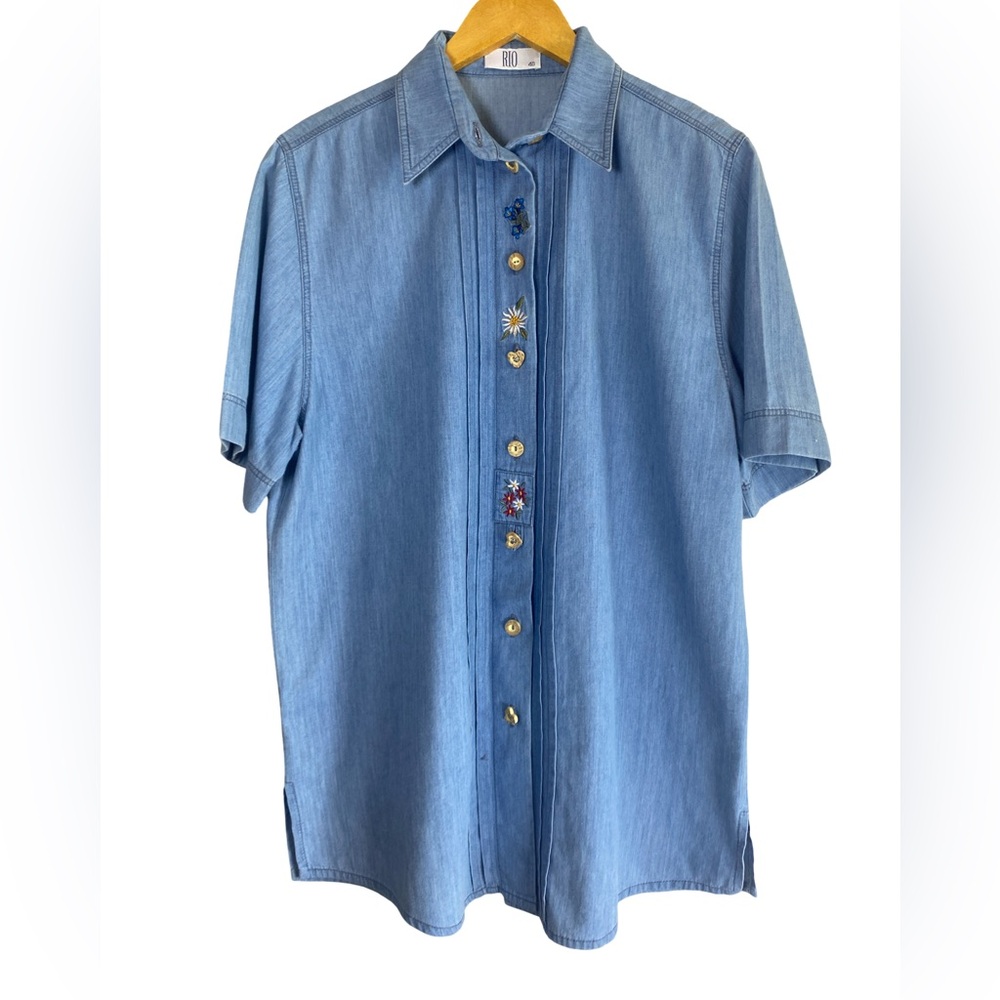 Rio Chambray Embroidered Button Down‎ Shirt Women’s Cotton Short Sleeve Size M